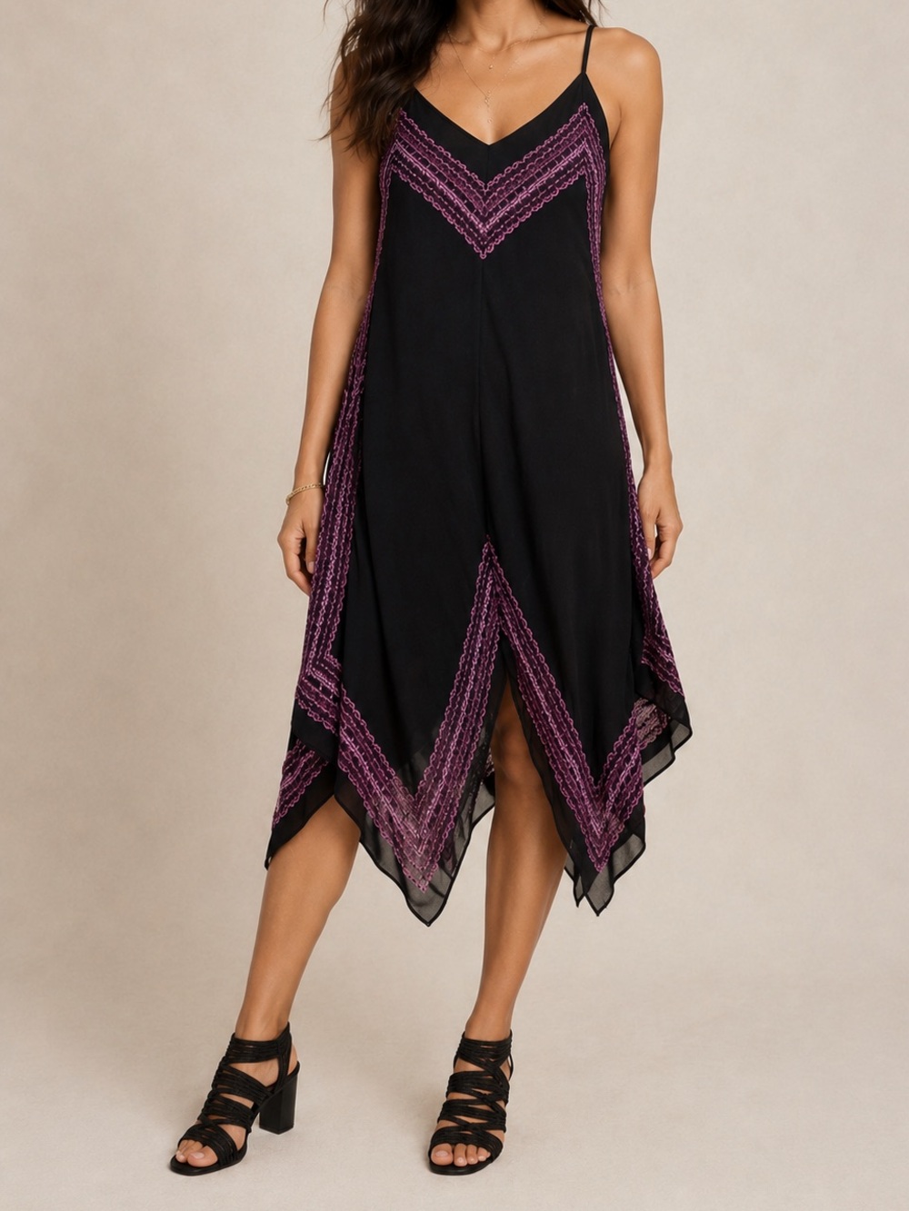 INC International Concepts Black and Purple Handkerchief Midi Dress M